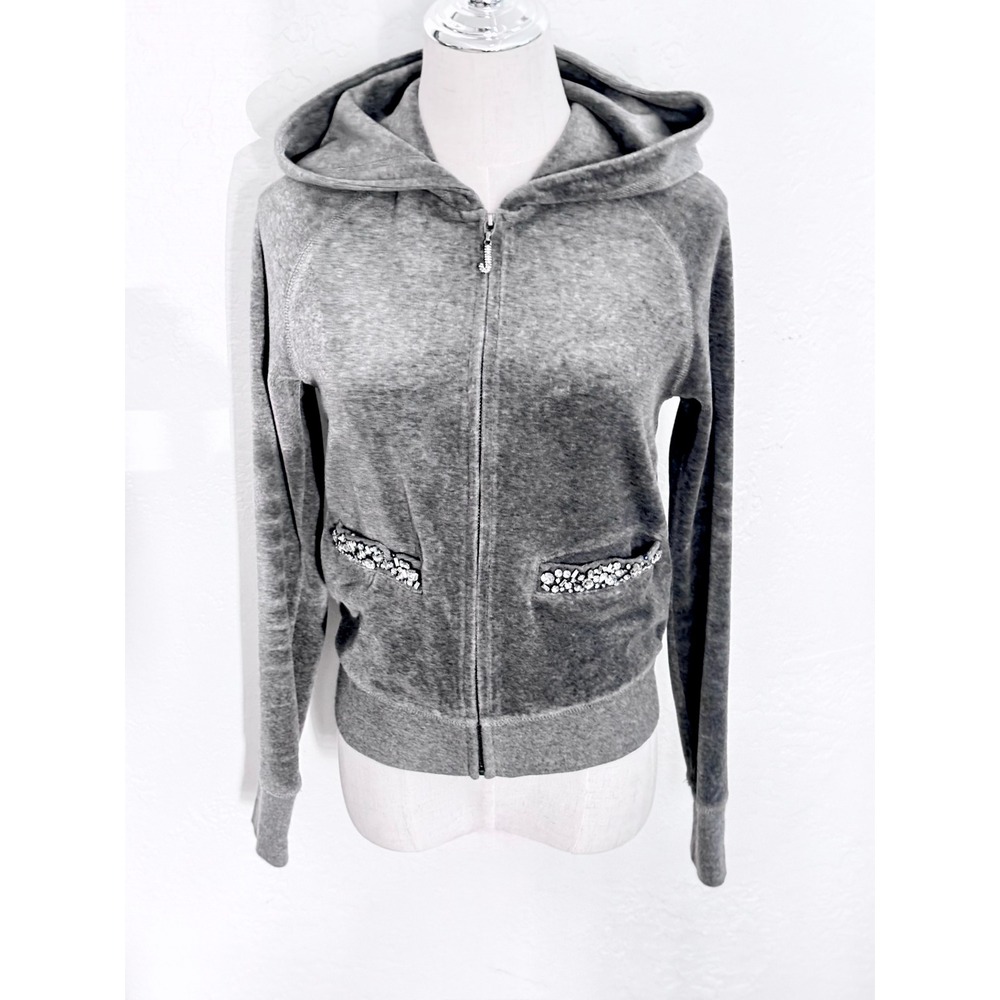 Juicy Couture Plush Velvet Rhinestone Hoodie Small Gray Excellent Y2K Aesthetic